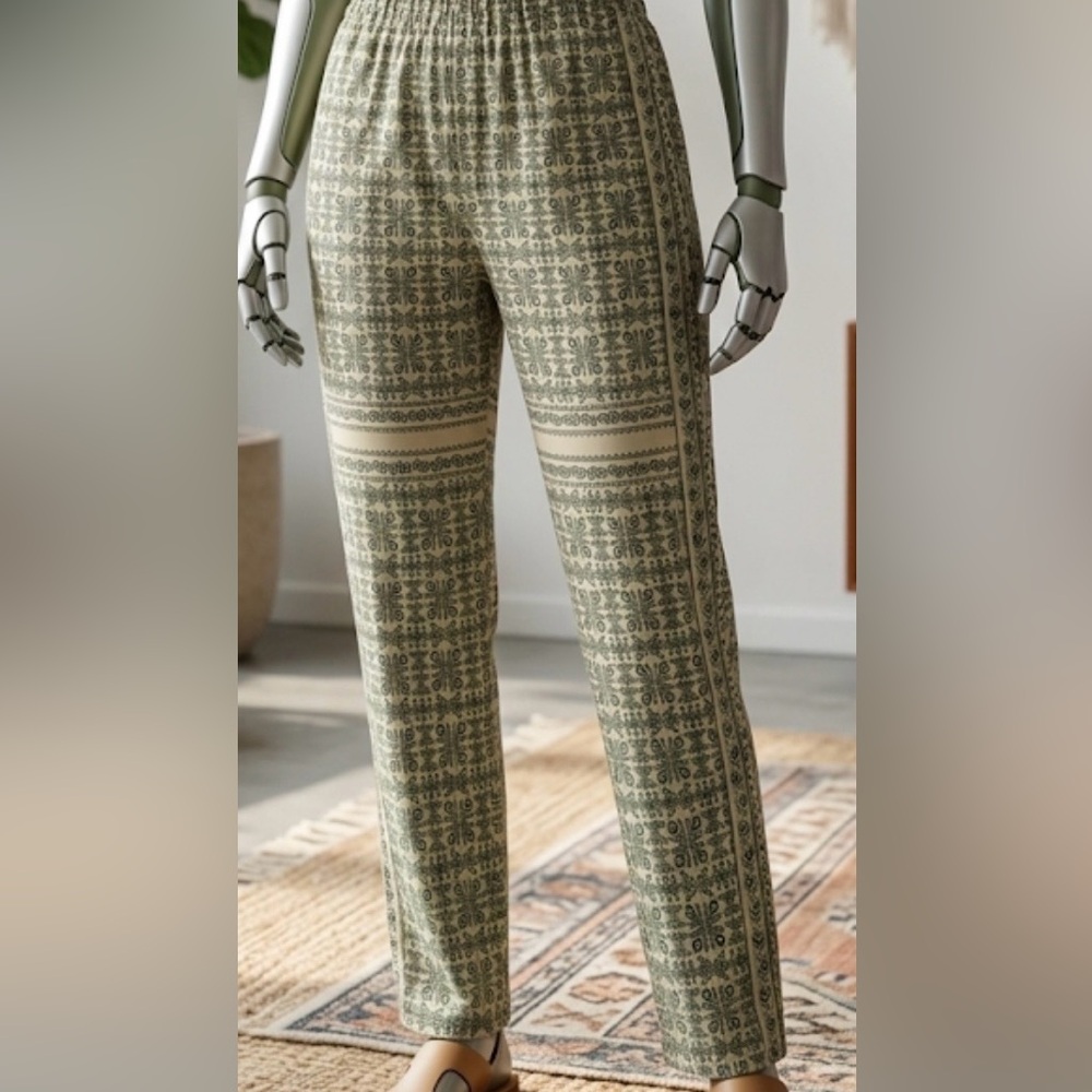 Umgee Bohemian Green Khaki Printed Casual Lounge Pants Size Large NWT